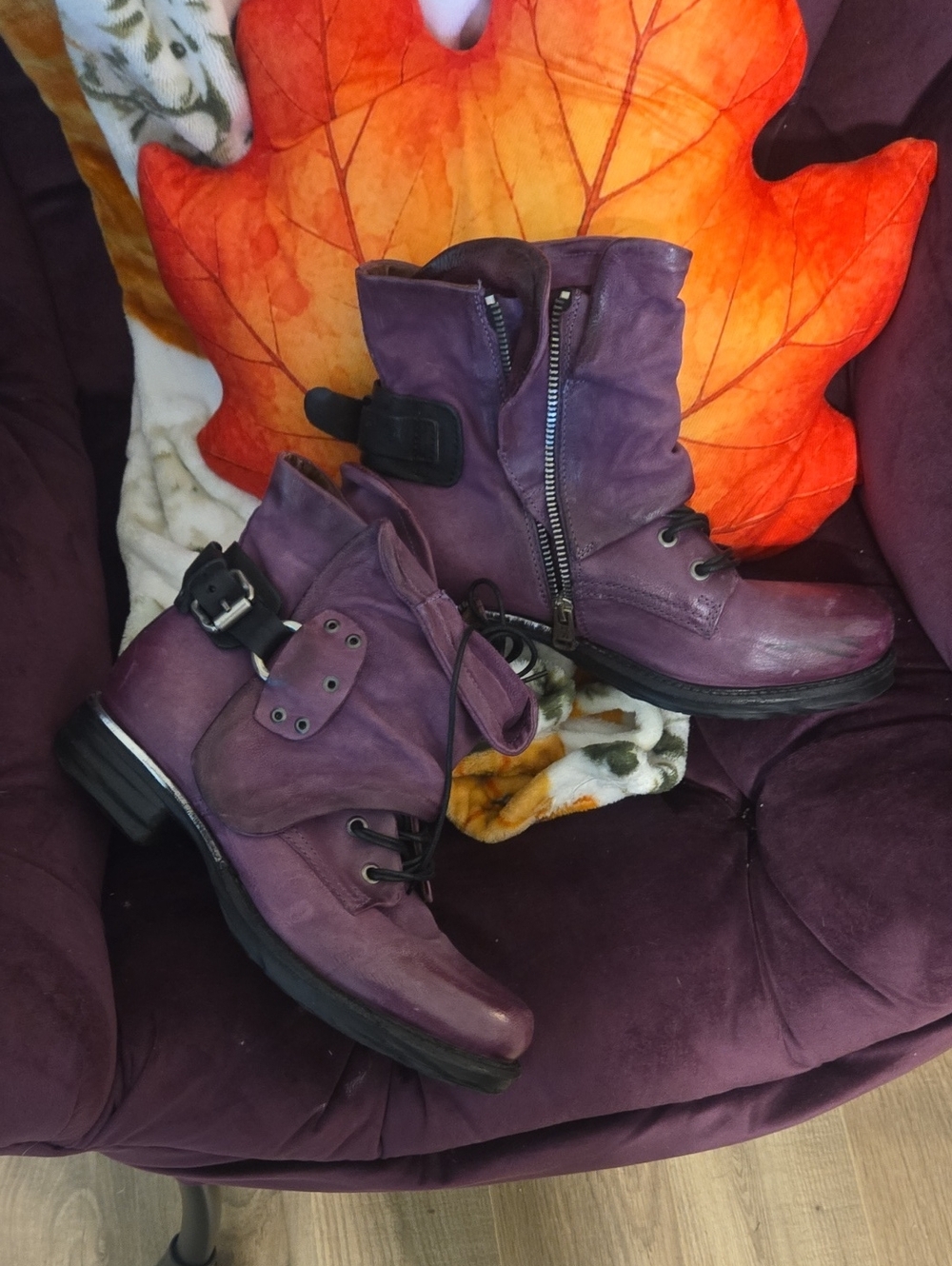 A.S.98 Purple Leather Lace-Up Combat Boots with Side Zip
